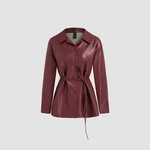 Cider [size 2-10] Faux Leather Collar Solid Button Jacket With Belt