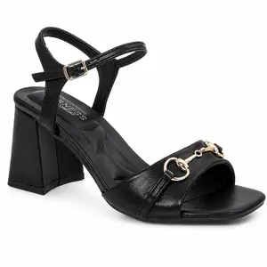 BERNESS Happy Block Heel Sandals for Women, Black Square Toe Ankle Strap Heels with Gold Horsebit Detail, Comfortable Wedding Party Summer Dress Shoes