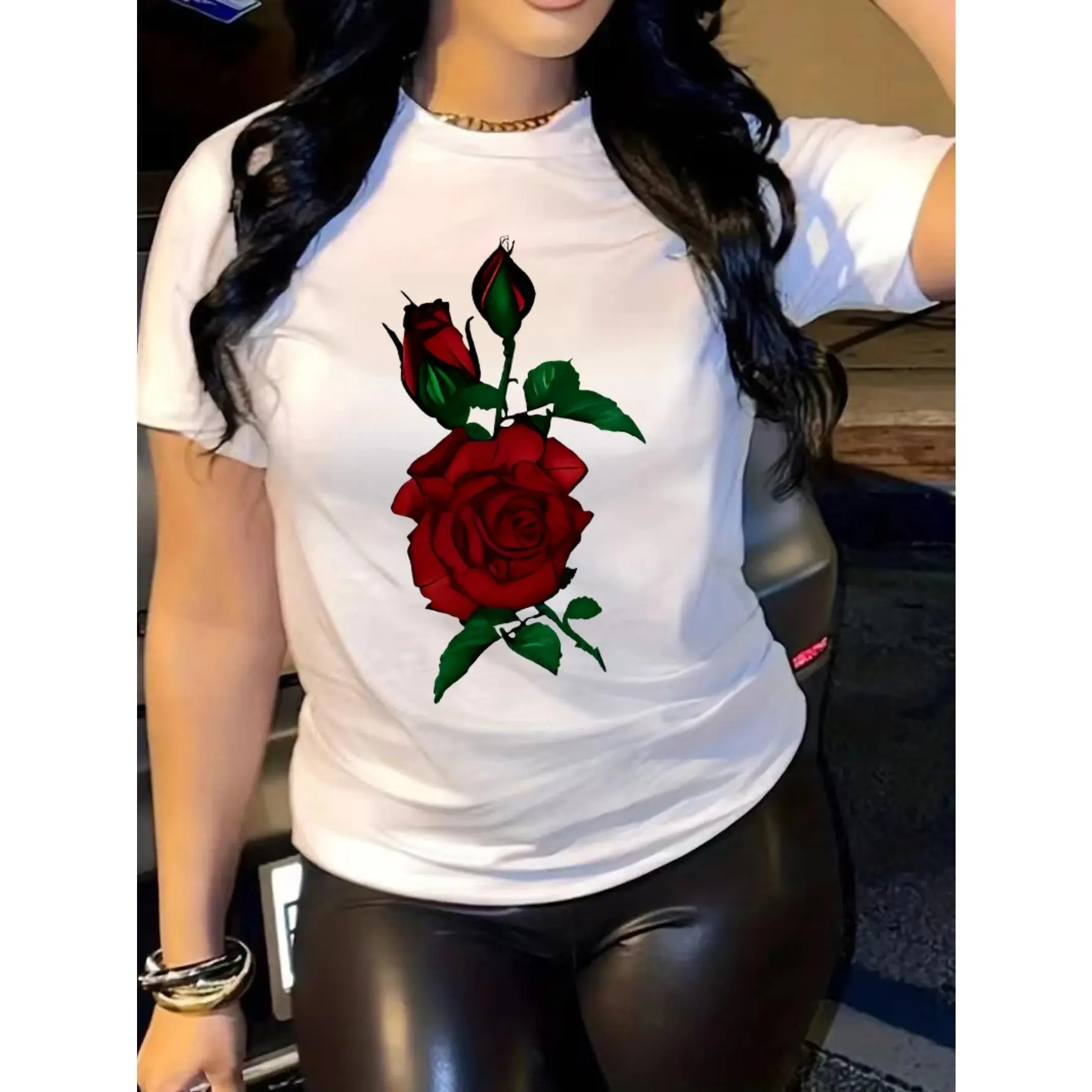 Streetwear Rose Print T-Shirt for Women, Casual Short Sleeve Crew Neck Style in a Slight Stretch Polyester Knit, Tops