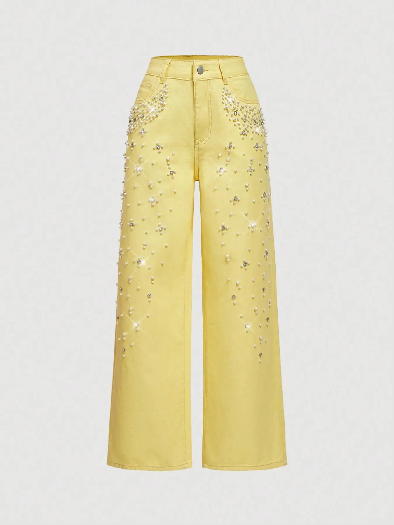 Women's Party Style Beaded Wide Leg Baggy Denim Jeans, High Waist Rhinestone Decor Loose Fit Long Pants, All Seasons Fashion Womenswear