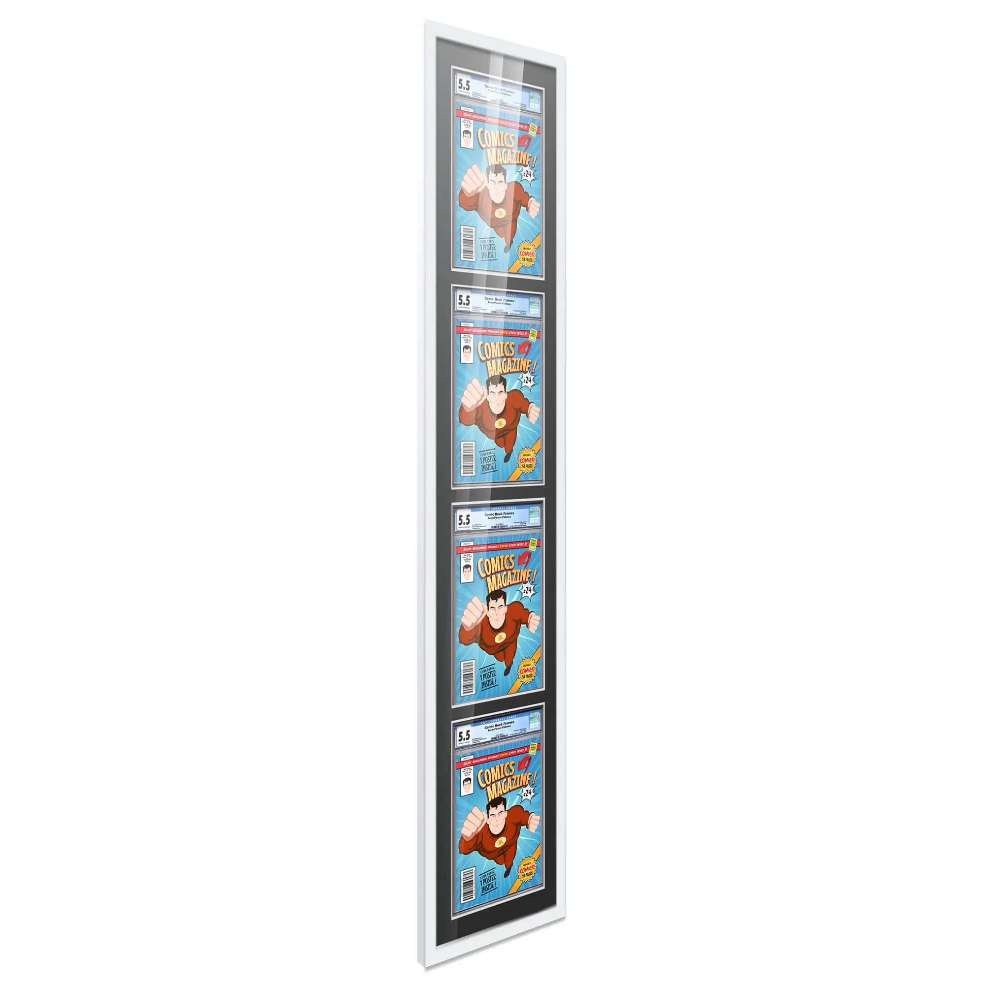 Comic Book Frame with Mat for 4 Graded Comics - White Wood Comic Frame With Black Mat for 8.125x13 Comics - 11.75x57 Frame Size