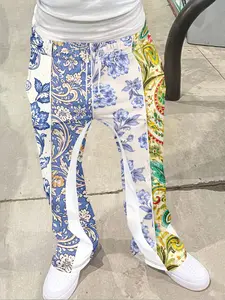Y2K Classic Fashion - Creative Blue and White Porcelain Series Casual Bell bottom Pants, Sports Pants, Quality Retro Versatile Style Street Style, Men's and Women's Trendy Clothing, Casual Comfy Trouser