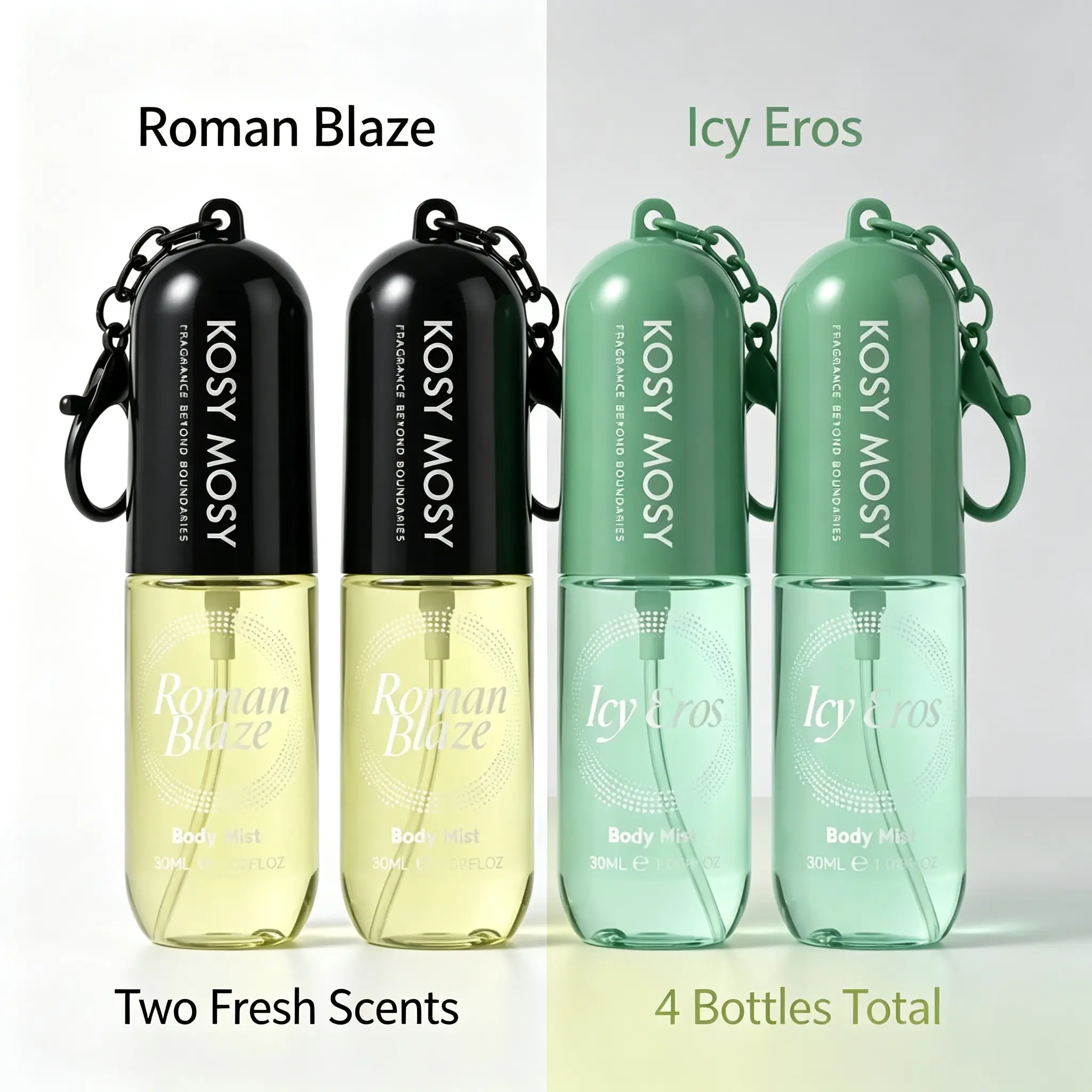 Unisex 4-Pack KOSY MOSY Portable Clip-On Keychain Body Mist Set, 30ML Roman Blaze & Icy Eros Travel-Size Fragrance Sprays, Refreshing Daily Use Option, Gift for Her