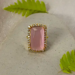 Pink Cat's Eye Rectangle Statement Ring, Trendy Jewelry/SZ.7