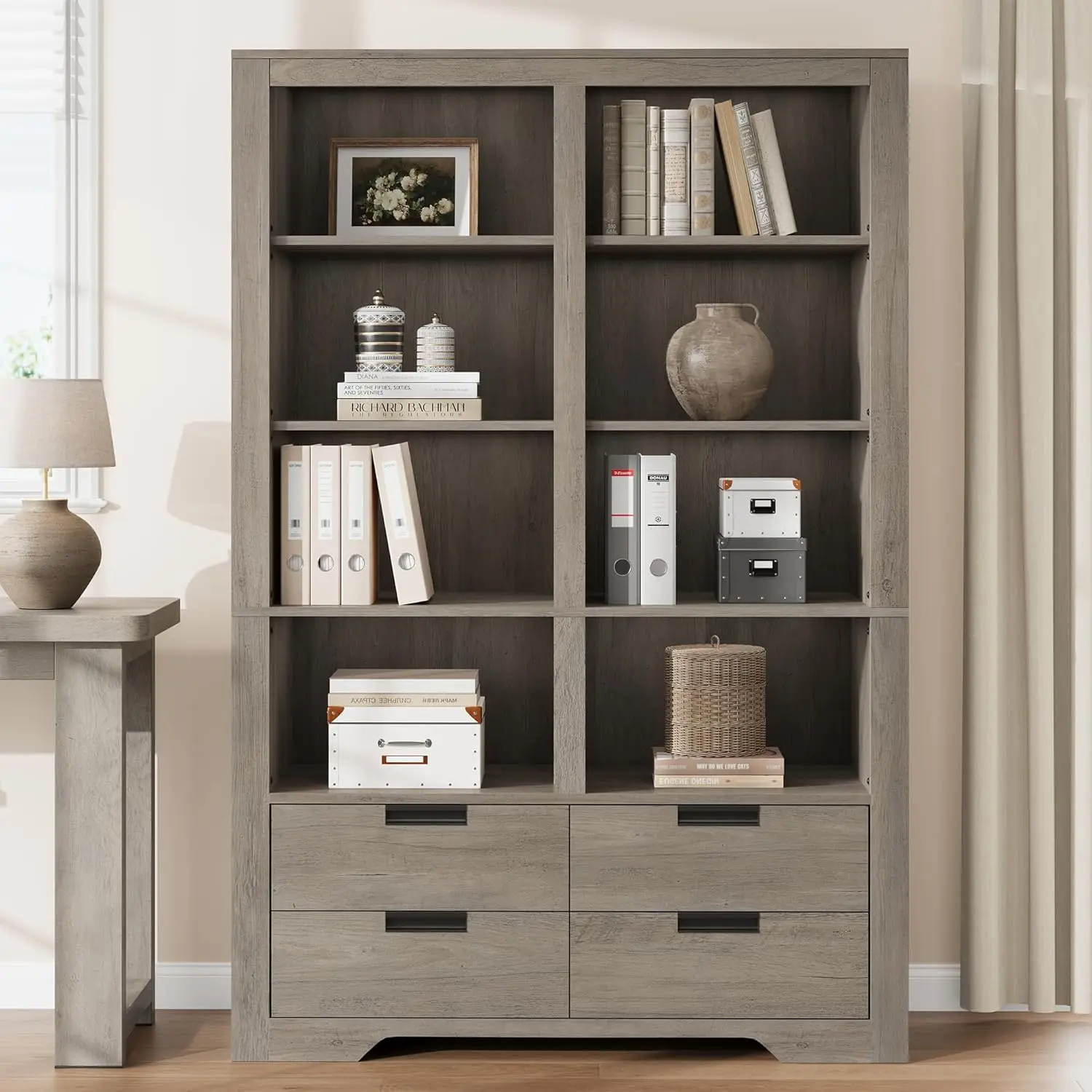 Gaomon 72-in Tall Farmhouse Double Wide Bookshelf - 6-Tier Freestanding Bookcase with Sturdy Base, 4 Drawers, Reinforced Anti-Tip Design, Large Open Storage for Book Organization in Home Offices, Living Rooms