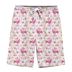 Men's Easter Flamingo Hawaiian Shorts: Bunny Beach Print