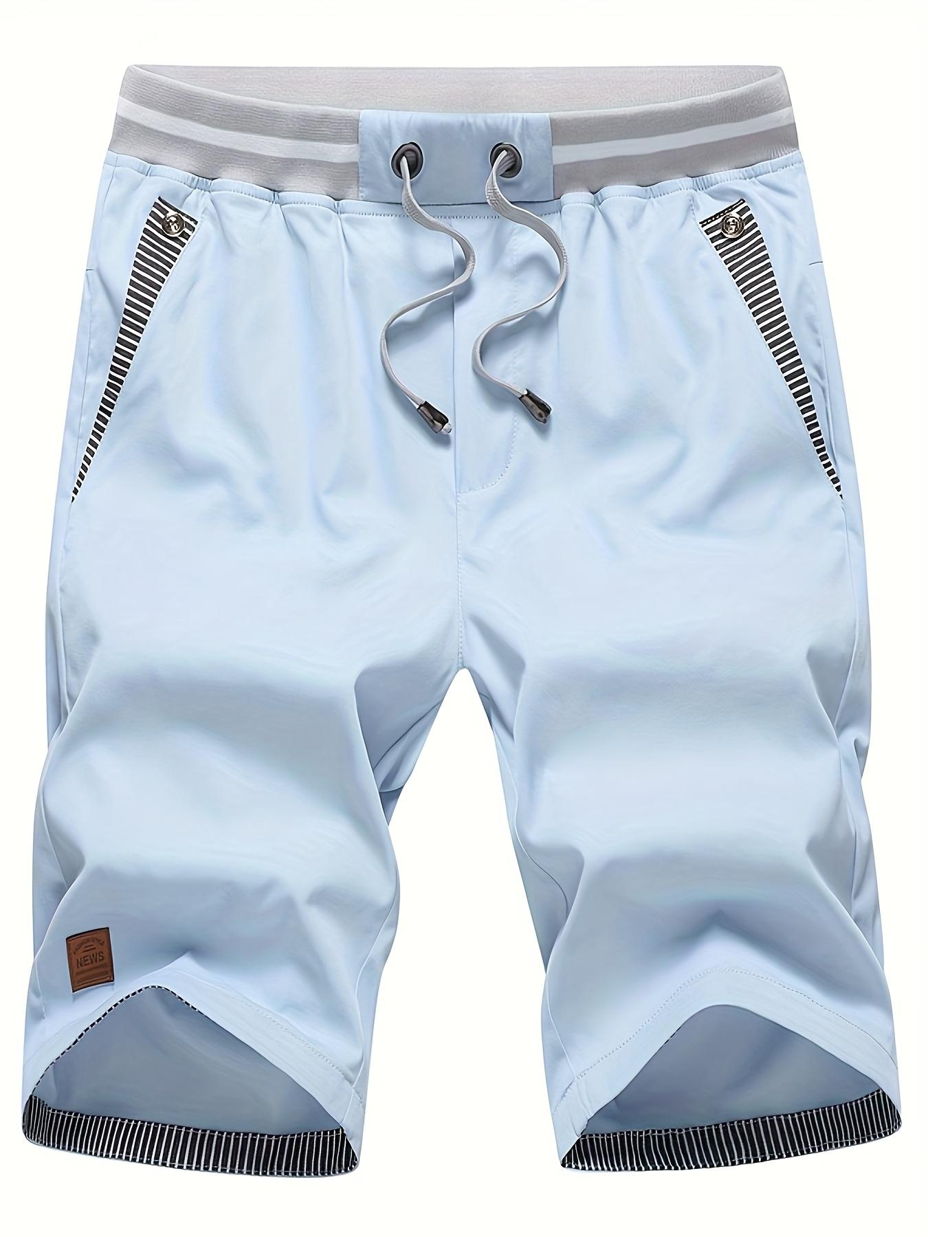 Men’s summer casual bermuda shorts, two-pack; adjustable elastic waistband with drawstring; striped pockets; leather patch decoration; breathable and comfortable; suitable for outdoor everyday wear and versatile.