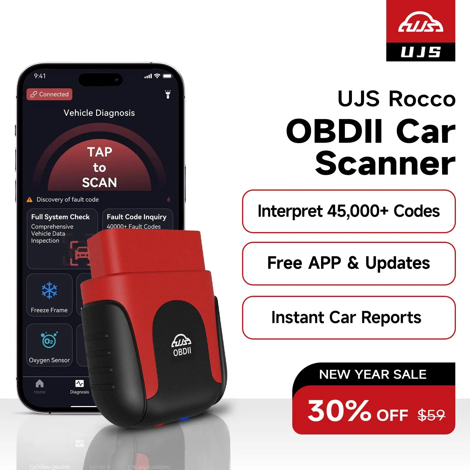 【NO SUBSCRIPTION】UJS Rocco OBD2 Scanner All System Vehicle Diagnostic Tool with 45000 Codes, Instant Reports, Free Updates & AI Chatbot