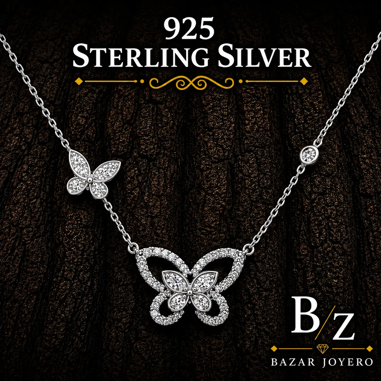 925 Sterling Silver Double Butterfly CZ Necklace