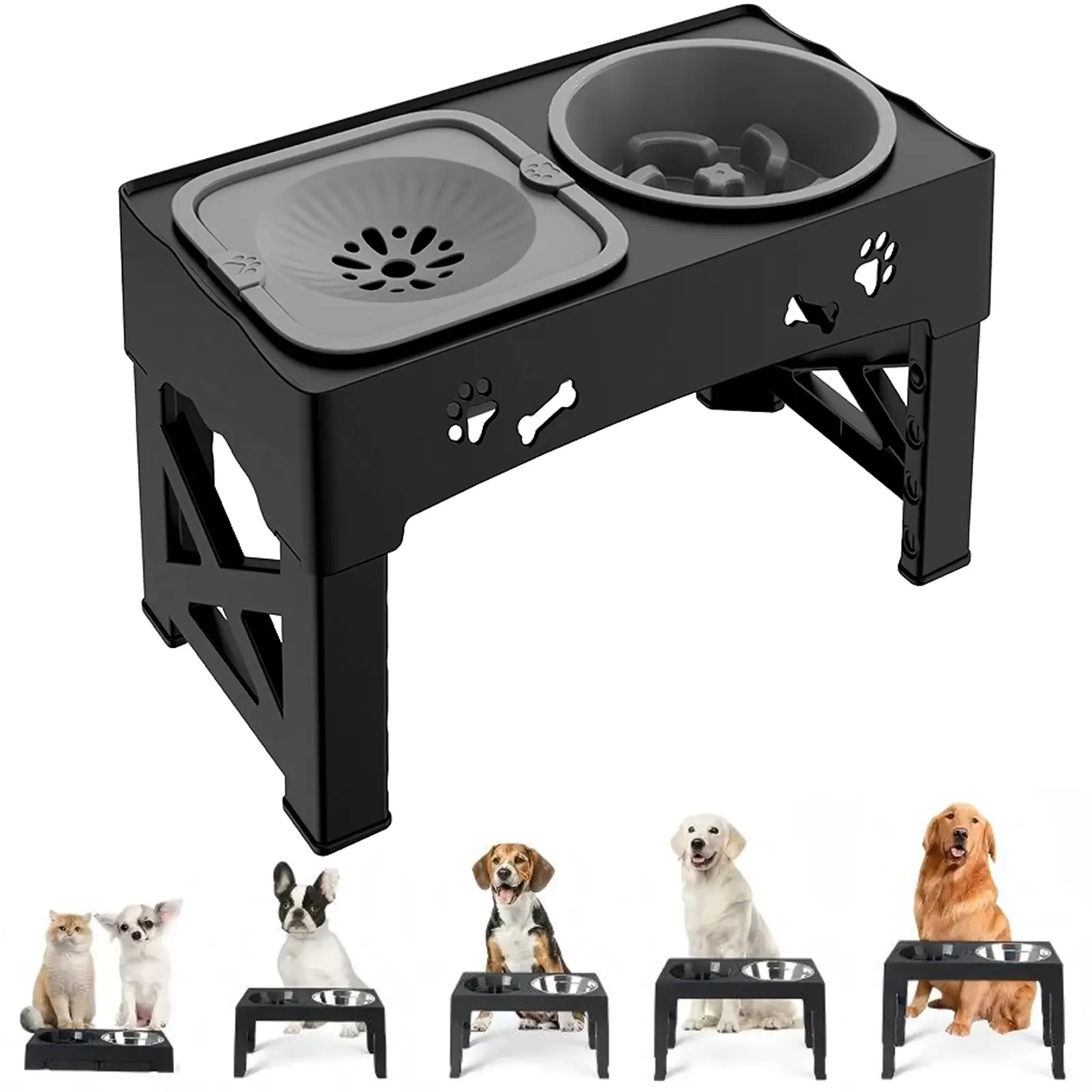 Dog Bowls, Raised Dog Bowl Stand With Slow Feeder & No Spill Water Bowl, 5 Adjustable Heights For Large Medium And Small Dogs
