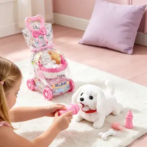 Electric Plush Dog Toy with Stroller Set Interactive Walking Barking Puppy for Kids Girls Toddlers, Soft Stuffed Pet Toy with DIY Accessories, Perfect Birthday Christmas Gift, Viral TikTok Toy for Children Pretend Play