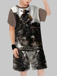 Boys' Western Cowboy Riding Retro Cool Set, Colorblock Short Sleeve & Shorts Two-Piece, Casual Daily Wear