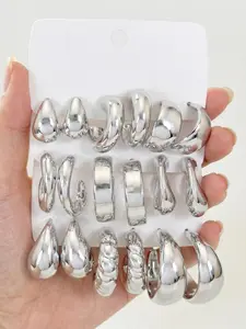 18pcs Assorted Eco‑Friendly Plastic Silver Hoop Earrings, Teardrop Twisted Smooth Textured Open C‑Shaped Earrings, Chic Minimalist Lightweight Jewelry for Girls & Women