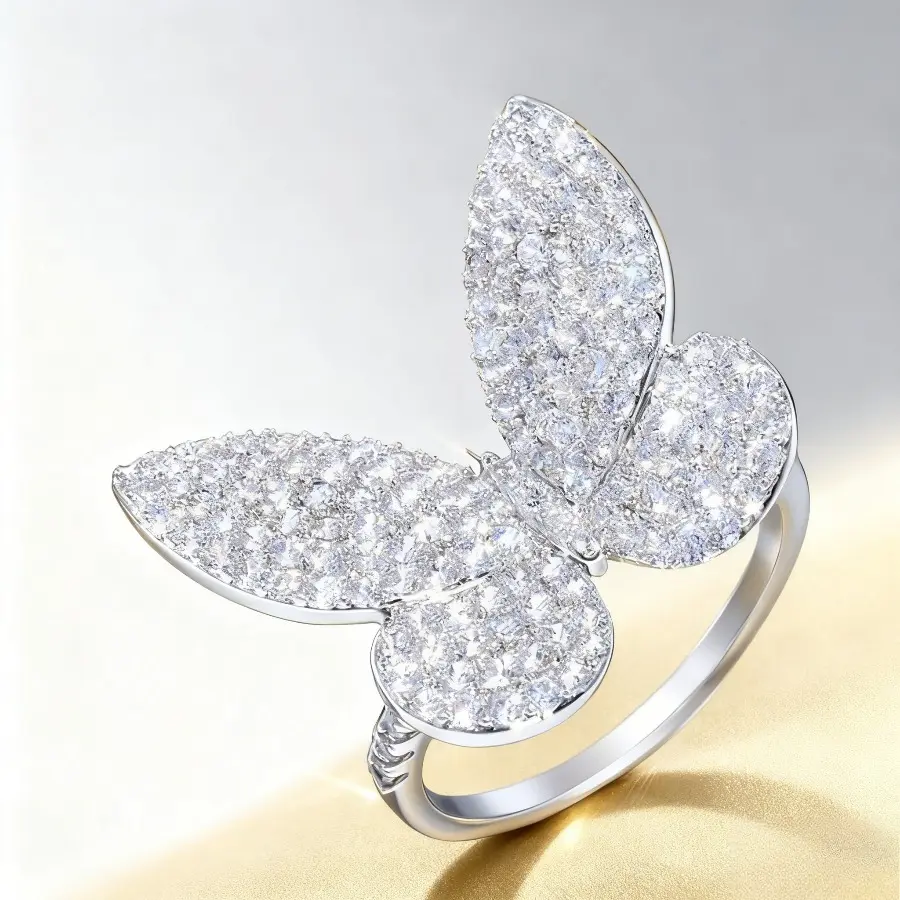 Valenti Designer Microencrusted Butterfly Accents Ring - Hip Hop Luxury Birthstone Crystal Ring, Wide Face Couple Gift Idea for Wedding Anniversary Glamorous Fashion Jewelry Accessory, Birthstone Rings, Crystal Rings