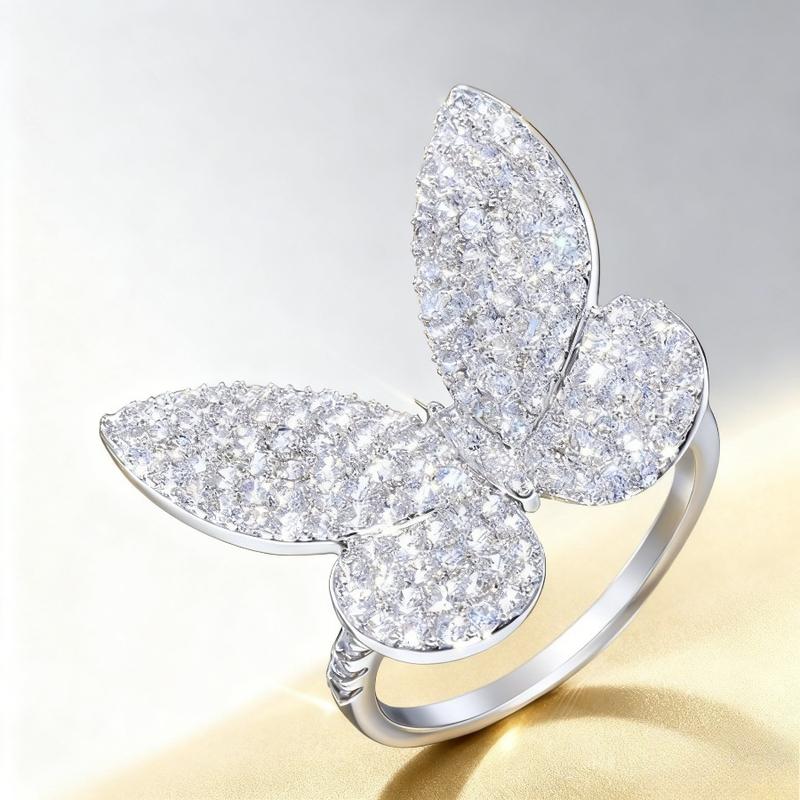 Valenti Designer Micro-Paved Sparkle Butterfly Accents Ring - Hip-Hop Bling Rings, Wide Face Birthstone Crystal Jewelry, Meaningful Gift for Couples, Mother's Day Fashion Accessory