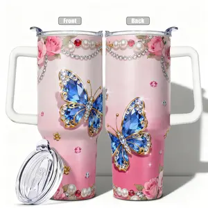 1pc, 40oz/30oz/20oz/14oz Stainless Steel Cup Blue Gem Butterfly & Rose Adorned Double Wall Vacuum Insulated Cup, Leakproof Lid & Carry Handle Travel Mug Insulated Tumbler for Outdoor Camping Hiking, Gift for Dad