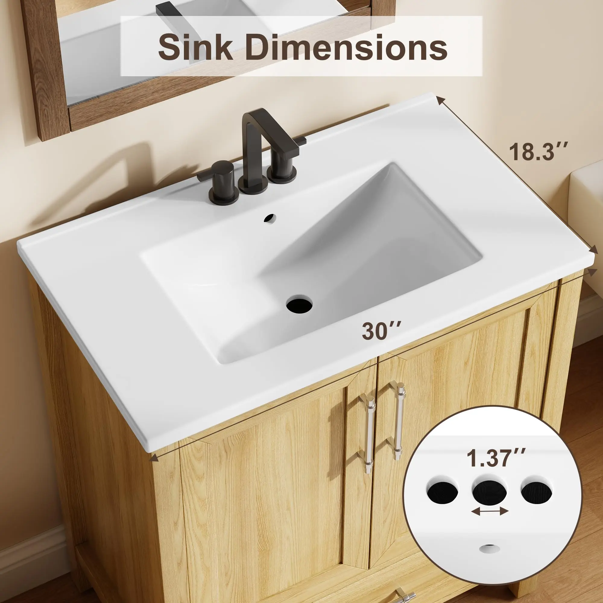 30″ /24''/36'' Bathroom Vanity with Sink – Freestanding Wooden Cabinet with Soft‑Closing Door & Metal Handle, Modern Floor Standing Storage for Small Spaces