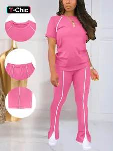 Summer Fashion New Round Neck Short Sleeve Fitted Solid Top & Long Pants Set, Women's Two-Piece Set
