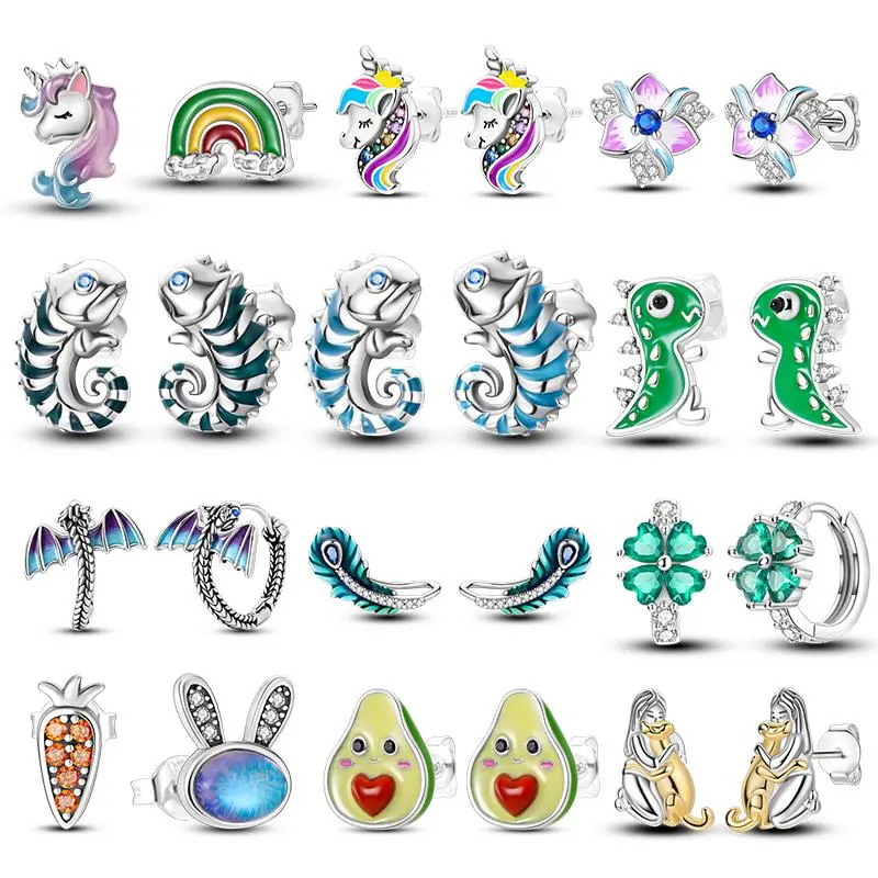 Lucky Unicorn Cute Earrings 925 Sterling Silver Original Dragon Feather Chameleon Lovley Small Earrings For Women Jewelry Gift