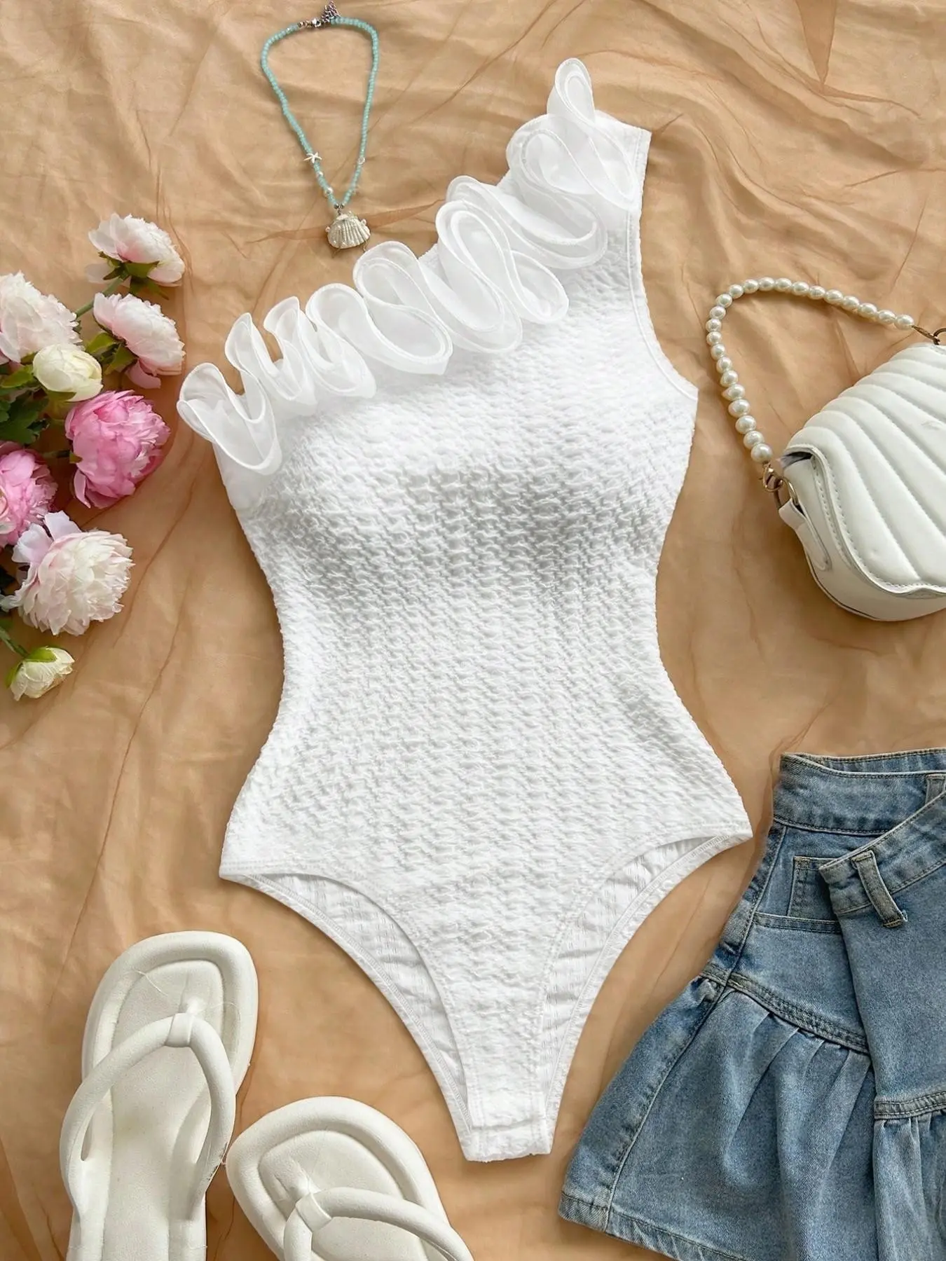 Women's Fashion Casual Vacation Style Minimalist 3D Embroidered One Shoulder Slimming Jumpsuit, Stylish and Comfortable All-In-One Bodysuit, Sleeveless Bodycon Jumpsuit