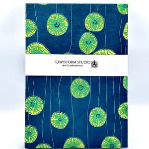 Silkscreened Green Poppies in Blue Lokta, Handcrafted B5 Hardcover Notebook
