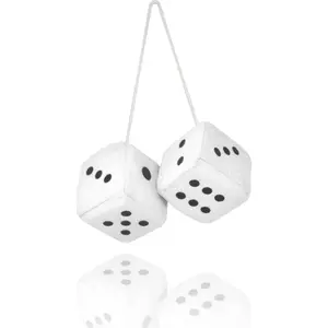 Pair 2.75” White Fuzzy Plush Dice Classic Vintage [Nostalgic 80’s Fuzzy Car Dice for Mirror ] for Automotive Interior Mirrors