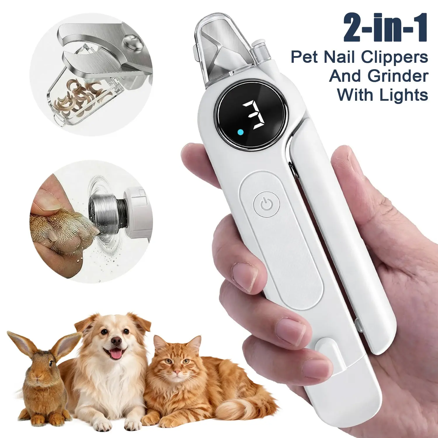 2-In-1 Dog Nail Clipper and Grinder with Light, Quiet Electric Pet Nail Trimmer, 3-Speed, Rechargeable, Splash-Proof, Safety Lock, Pain-Free Grooming Tool, Puppy Nail Clippers