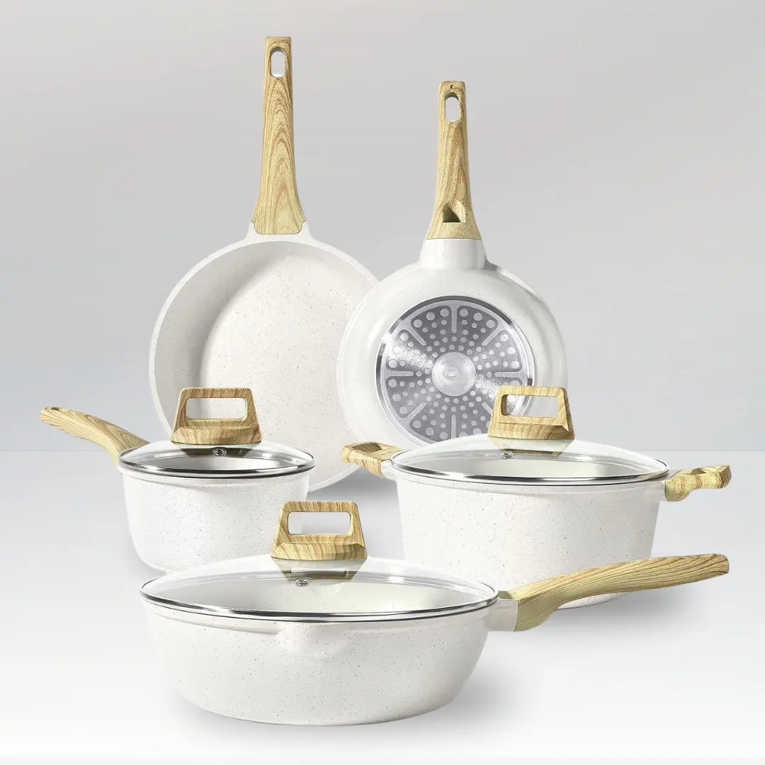 Gourmetific 8 Piece Classic Cookware Set Non Stick Pots and Pans, Ceramic Skillet Saucepan, Stackable Kitchen Cookware for Induction Gas and Oven, Easy Clean Cooking Essentials
