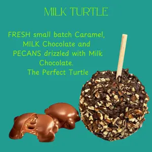 Copperpot Caramel Apple Turtle Chocolate & Pecans Handcrafted Large Crisp Granny Smith Apple Coated in Signature Copper Pot Caramel with Milk Chocolate Drizzle and Roasted Nuts