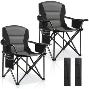 2 Pack Padded Oversized Camping Chairs for Adults,Heavy Duty Support 400 Lbs,Folding Portable Lawn Chair w/Cup Holder,Cooler Bag,Side Pocket,Perfect for Outdoor Picnic,Hiking(Black)