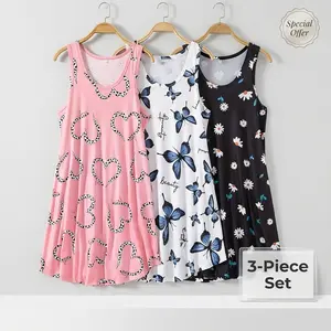 Plus Size 3 Pack Sleeveless Sleep Dress Set, Soft Stretchy Print Nightwear for Women, Comfy Loungewear