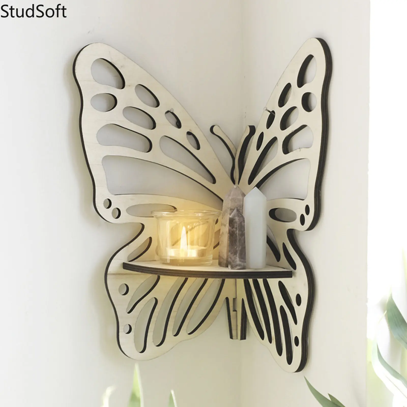 Butterfly Wooden Hanging Shelf, Hollow-Out Crystal Display Rack and Wall Organizer, Bohemian Home Decoration, Hanging Accessory, Wall Rack, Shelves, Crystal Shelf