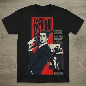 Vintage American Psycho Patrick Bateman Graphic T-Shirt - Retro Cult Classic Horror Movie Poster Tee - Unisex Streetwear Casual Top