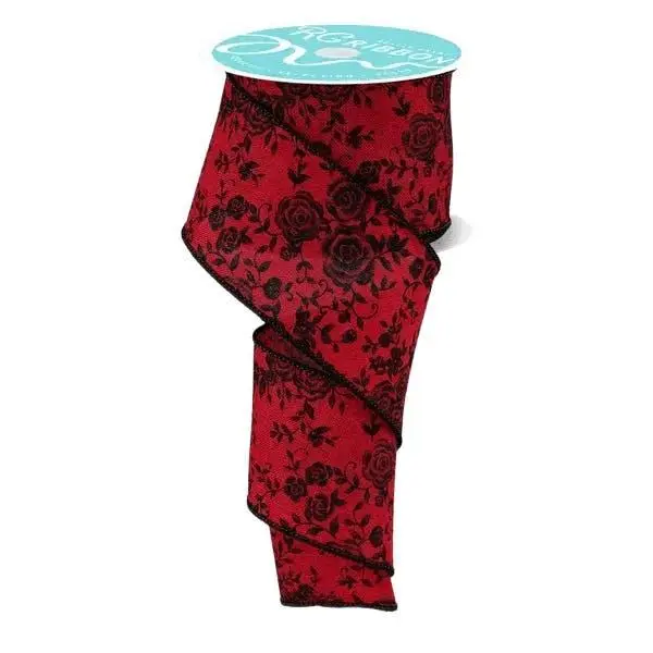 2.5" x 10yd Mini Rose Ribbon – Red/Black