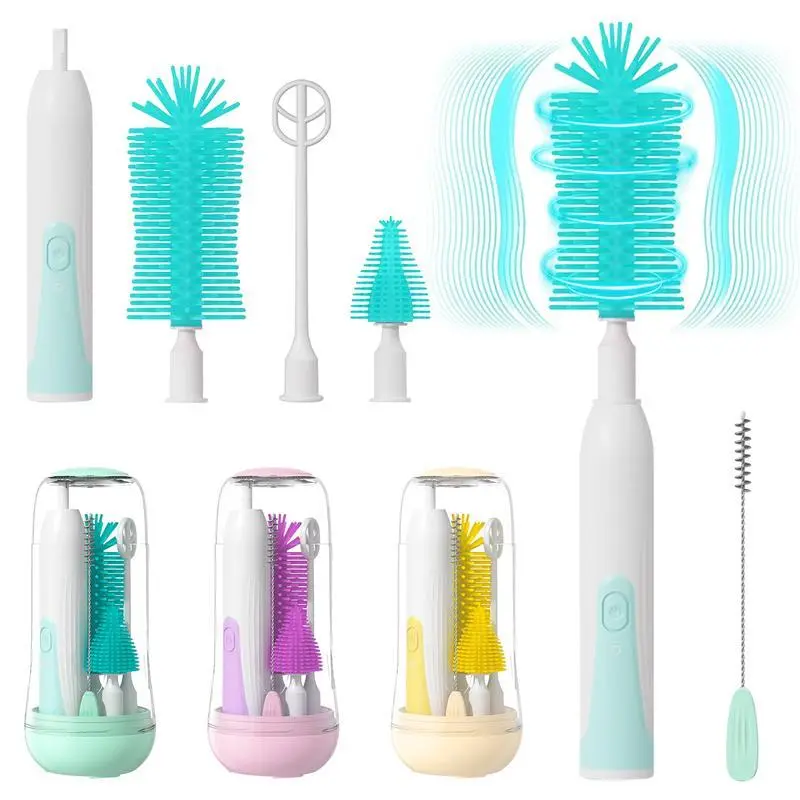 Electric Bottle Cleaning Brush, Baby Bottle Brush Cleaner Water Bottle Cleaning Kit, Nipple Brush Pacifier Cleaner Straw Cleaner Brush for Newborns,6 Packs Setwith Silicone Bottle/Pacifier/Straw Brush/Mixing Head and Drying Rack, Rechargeable