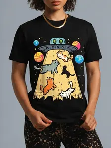 100% Cotton Alien Abduction Cats UFO Flying Saucer Space Women Girls T-Shirt
