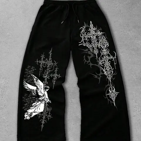 Men's Straight-Leg Long Pants with Gothic Print, Casual Fashion Bottoms, Comfortable and Stylish, Perfect for Daily Wear