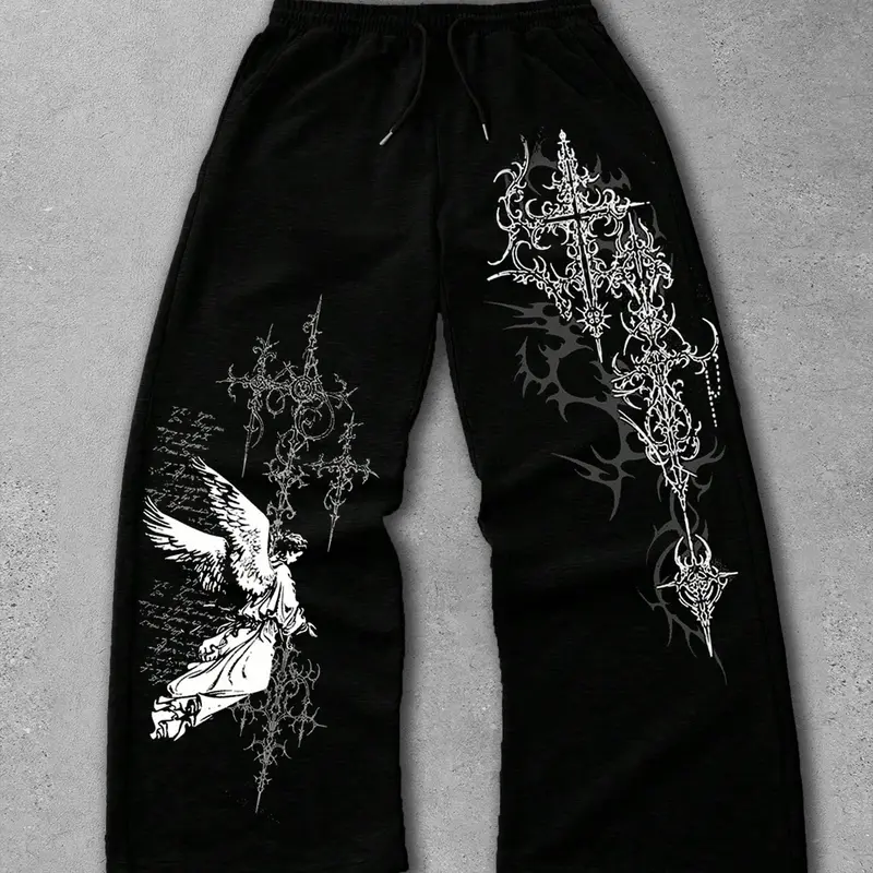 Men's Straight-Leg Long Pants with Gothic Print, Casual Fashion Bottoms, Comfortable and Stylish, Perfect for Daily Wear