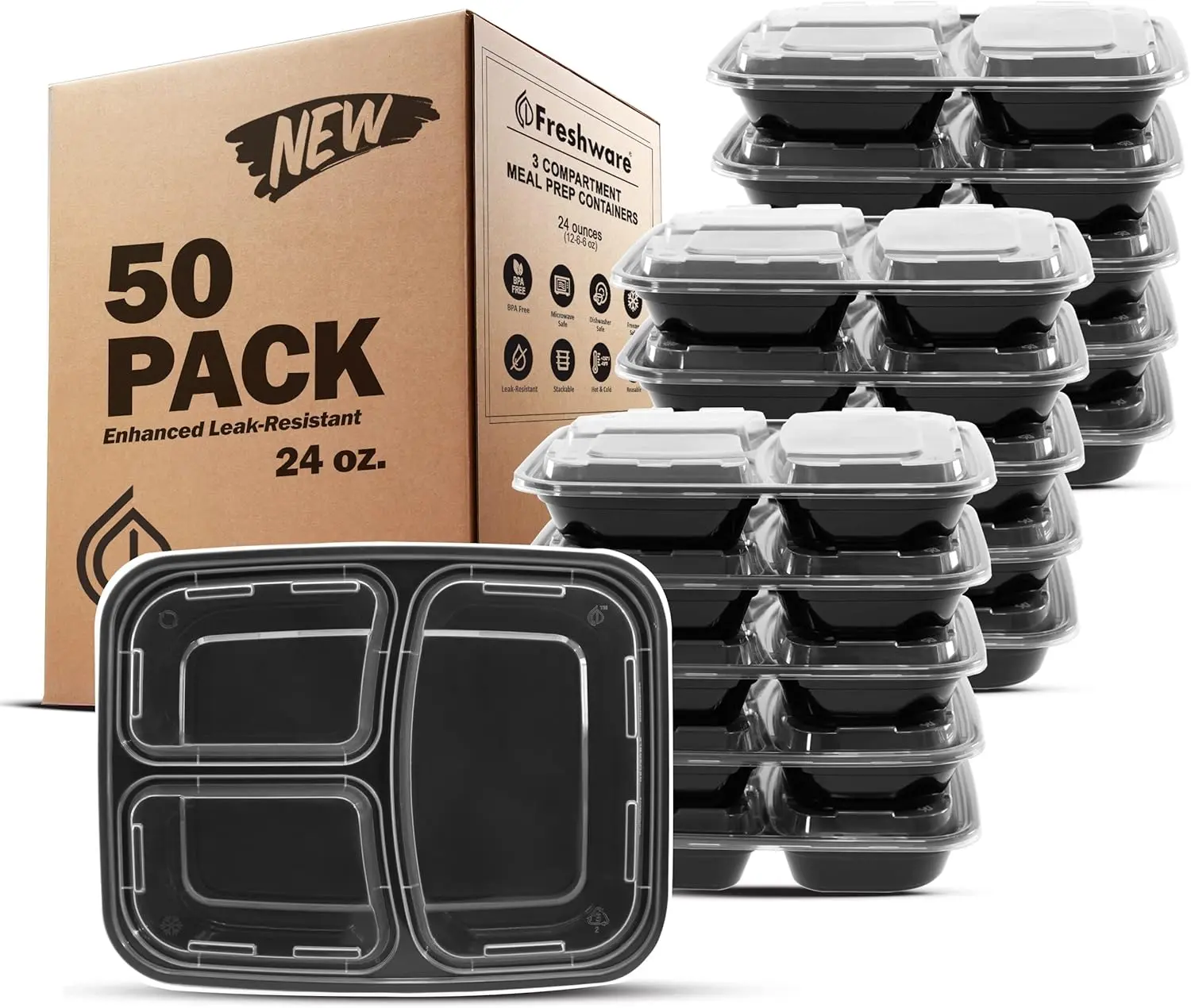 FRESHWARE 3-Compartment BPA-Free Plastic Meal Prep Containers, 50-Pack 24 oz Reusable Anti-Leak Divided Portion-Controlled Stackable Dustproof Bento Lidded Kitchen Utensils for Lunch Storage