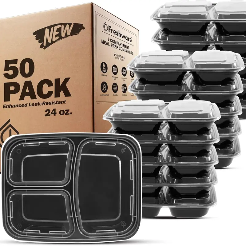 FRESHWARE 3-Compartment Rectangular Reusable BPA-Free Heavy-Duty Plastic Bento Box Food Storage Containers - 50-Pack 24oz Leak-Proof Stackable Dustproof Lidded Kitchen Gadgets, Microwave-Safe, Resists Daily Wear for School, Work