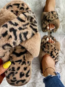 Women's Leopard Print Crossed Plush Sandals Slipper, Fashionable Textile Upper, Rubber Sole, All-Seasons, Less Than Ankle Height, Home & Outdoor Wear