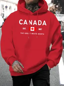 Men's Casual Cultural Canada Flag Print Hoodie, Comfortable Pullover, Kangaroo Pocket, Elastic Fabric, Long Sleeve, Perfect for Fall/winter