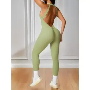 Women's Solid Ruched Cut Out Backless Halter Sports Jumpsuit, High Stretch Seamless Quick Drying Breathable Comfortable Sports Exercise Jumpsuit for Yoga Gym Fitness   Workout, Jumpsuits for Women, Ladies Athletic Sportswear for All Seasons, Tummy Control