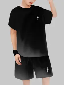 Boys' Casual Cartoon Lightning Set, Gradient Design, Fitted Crop Top, Minimalist Style, Trendy Youthwear Shorts