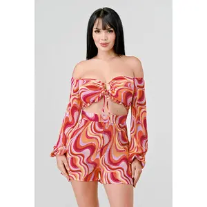 SHINY PLEATED OFF THE SHOULDER PRINTED ROMPER