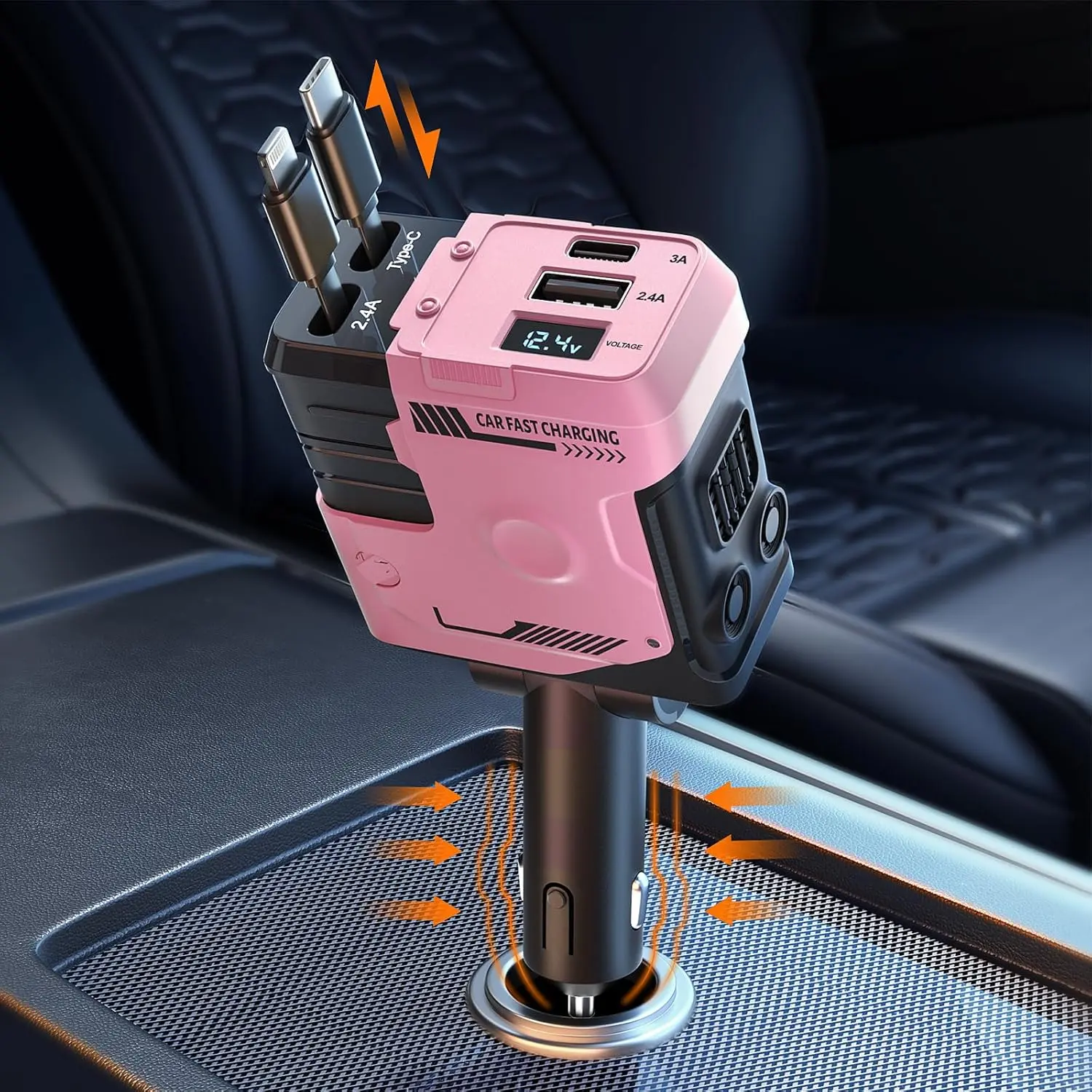 W&O 4-in-1 Superfast Retractable Car Charger - 31.5in Retractable Cable, 2 USB Fast Charge Adapter, Car Gadget for iPhone/iPad, Pixel, Automotive, 31.5 Inch