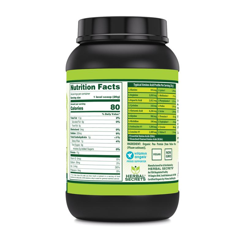Herbal Secrets USDA Organic Pea Protein Powder | 2 Lb. | 17 Grams Protein per Serving | 34 Servings | Non-GMO | Gluten-Free | Made in USA