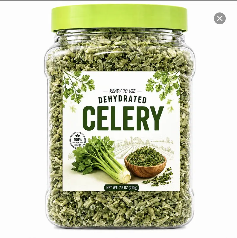 7.5 oz dehydrated celery—naturally hand-chopped with a crisp texture and fresh flavor. Ideal for soups, salads, stews, camping meals easy storage.