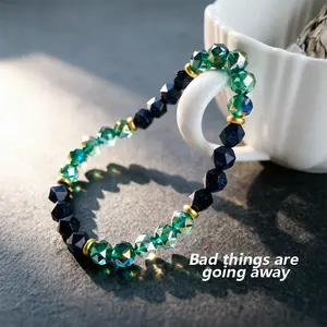Father's Day Sale Blue Sandstone & Green Crystal Bracelet, Unisex Faceted Beaded Stretch Bracelet with 18K Gold Spacers, Ambition & Growth Energy Jewelry