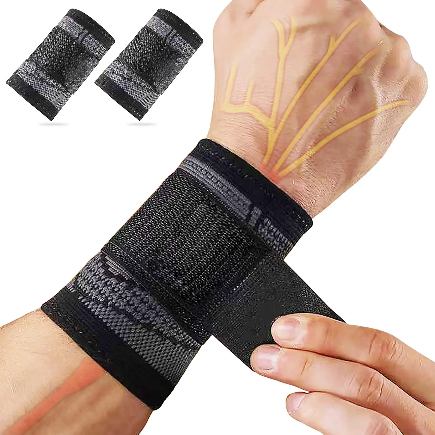 2-Pack Adjustable Black M Wrist Compression Braces - Sporty Protective Gear for Work, Weightlifting, Pain Relief from Sprains, Tendonitis, Carpal Tunnel, Arthritis